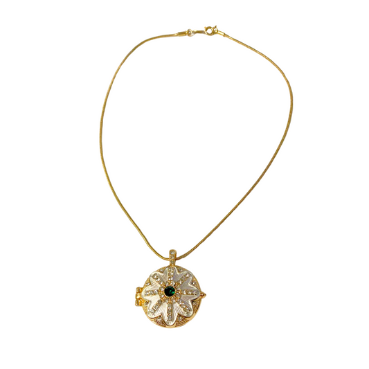 Gold Toned Bejeweled Magnetic Locket Pendant Necklace