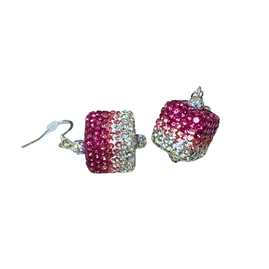 Pink & White Rhinestone Cube Earrings